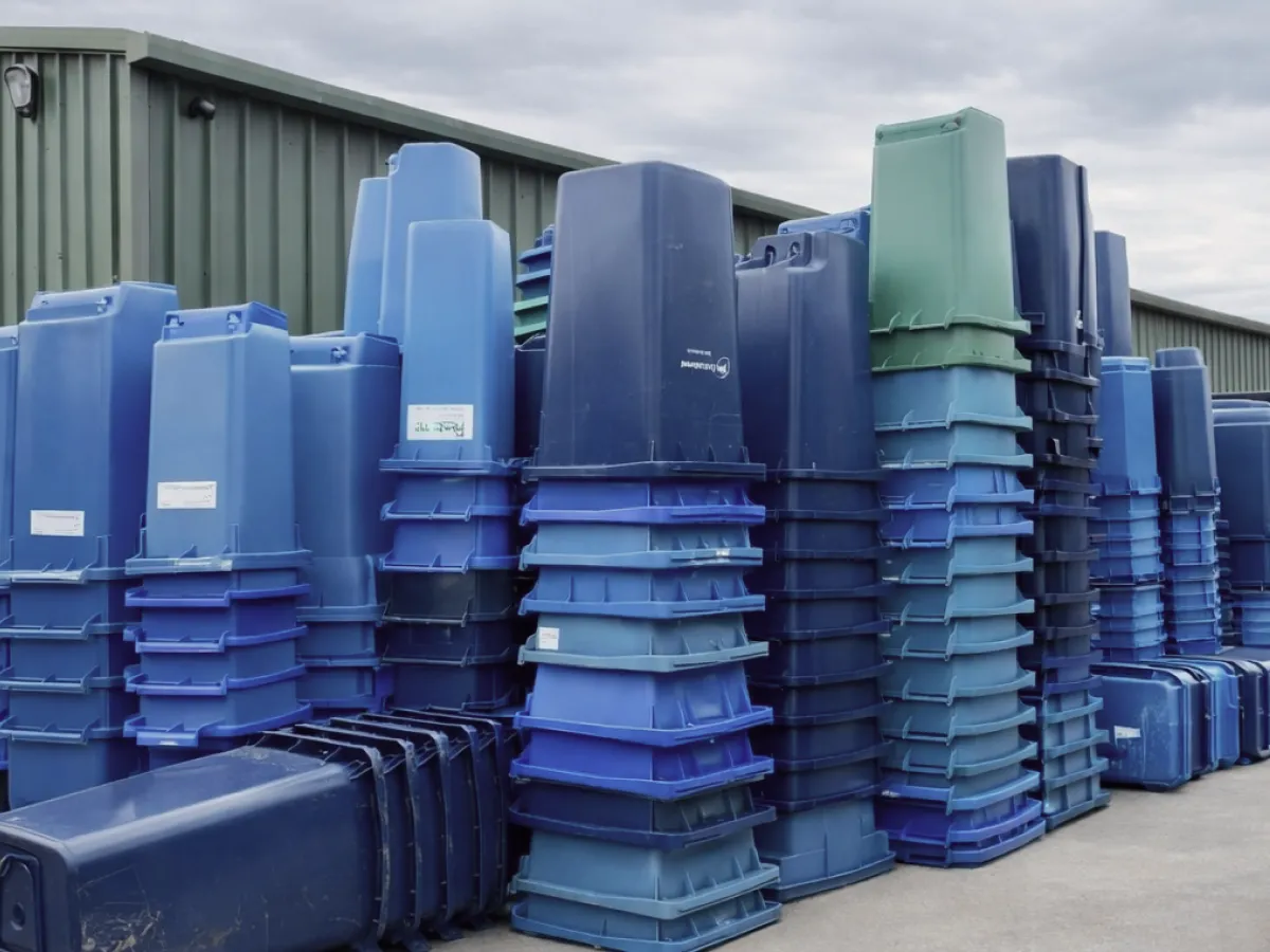 Stacks of blue plastic recycling containers