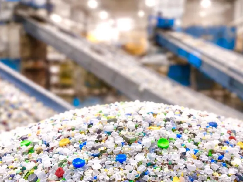 A heap of mixed plastic flakes in front of conveyor belts in a recycling plant